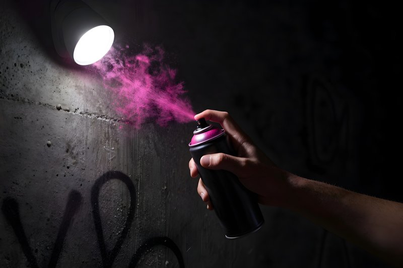 Hand spraying pink paint on dark wall with light above Premium Stock Image - stock photo