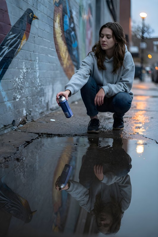 Artist creates street art near puddle on city street Premium Stock Photo - stock photo