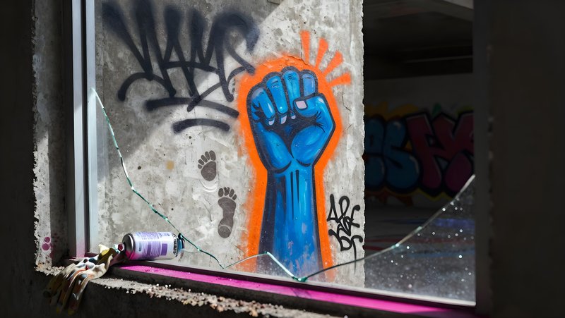 Graffiti art shows blue fist in abandoned building window Premium Stock Photo - stock photo