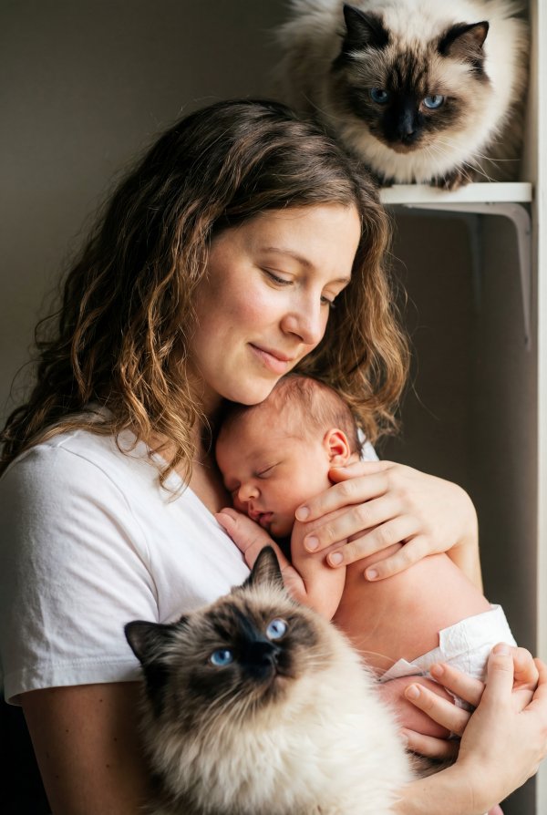 Woman holds baby with two cats near a window - stock photo