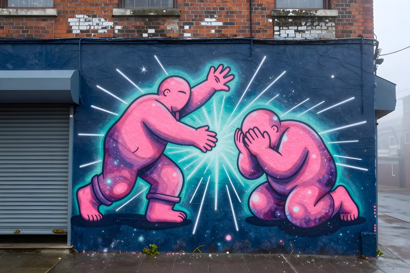 Street art shows two figures in a city setting Premium Stock Image - stock photo