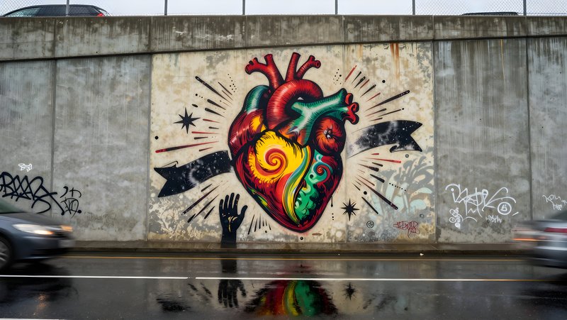 Colorful heart mural on urban wall near busy road Premium Stock Image - stock photo