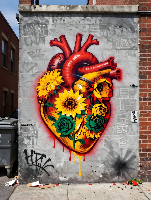 Heart mural with flowers on a city wall Premium Stock Photo - stock photo
