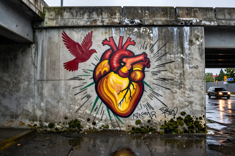 Colorful heart mural on urban wall in rainy weather Premium Stock Photo - stock photo
