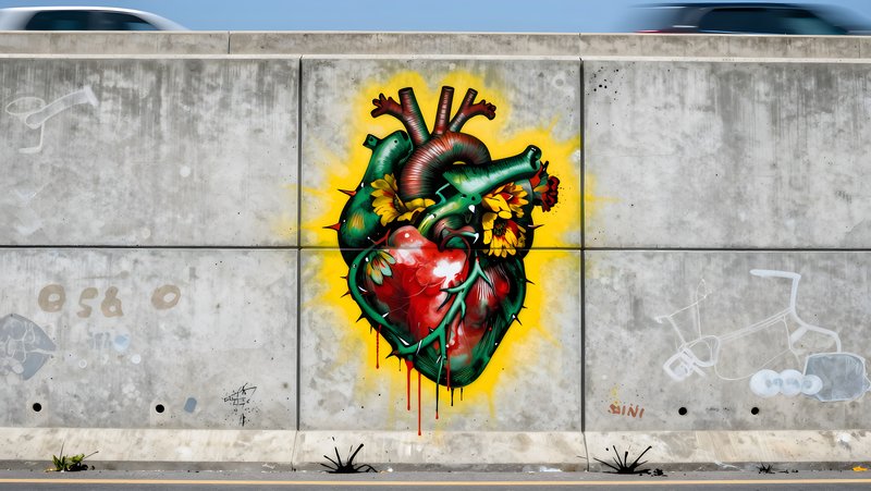 Heart mural on a concrete wall in a busy urban area Premium Stock Photo - stock photo