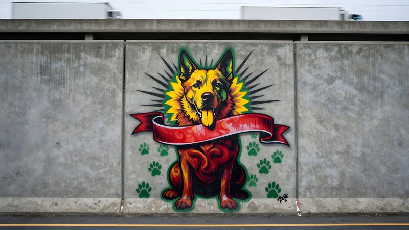 Dog mural on a city wall shows bright colors and a bold design Premium Stock Image - stock photo