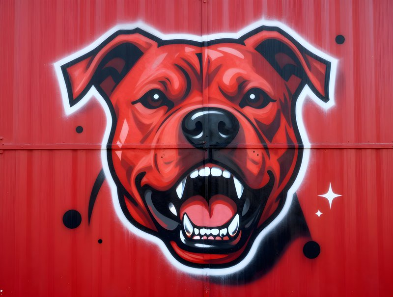 Dog mural on red wall in urban area shows bold artwork Premium Stock Image - stock photo