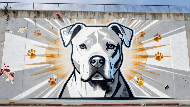 Dog mural on city wall with bright background and paw prints Premium Stock Image - stock photo