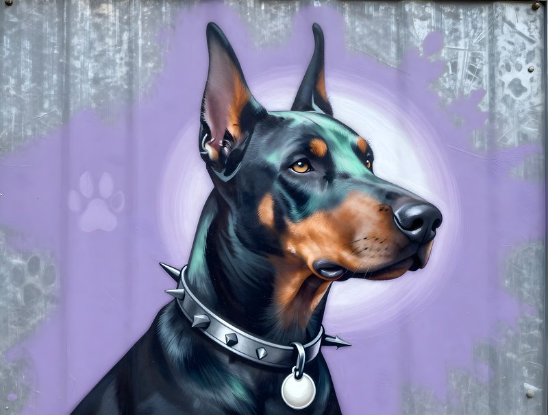 Doberman dog art on a metal surface in urban area Premium Stock Image - stock photo
