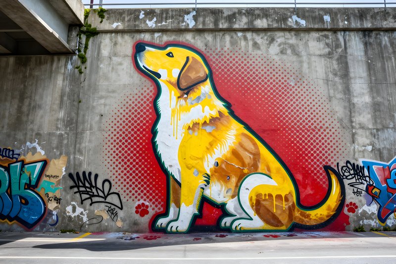 Mural of a golden dog on a concrete wall in the city Premium Stock Image - stock photo
