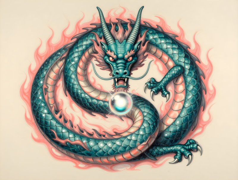 Dragon wraps around a glowing orb in a colorful design Premium Stock Photo - stock photo