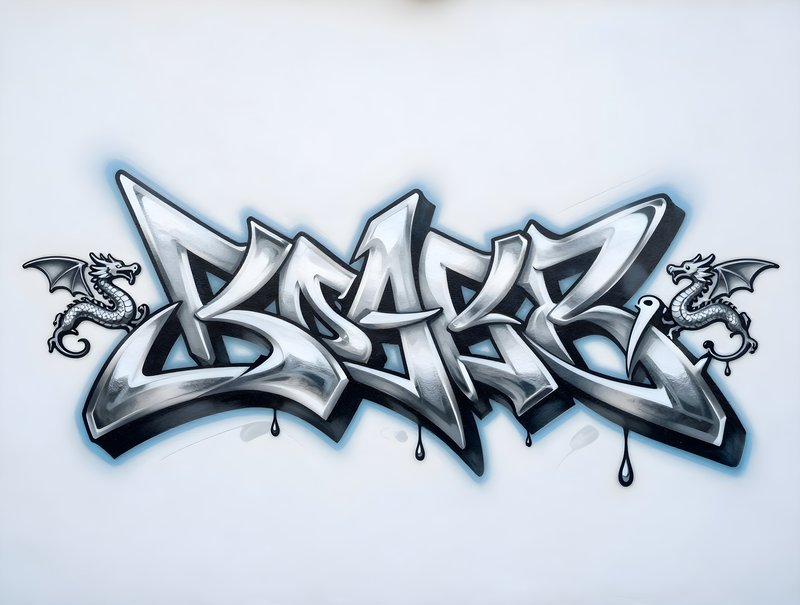 Graffiti art showing dragons and bold lettering on a wall Premium Stock Photo - stock photo