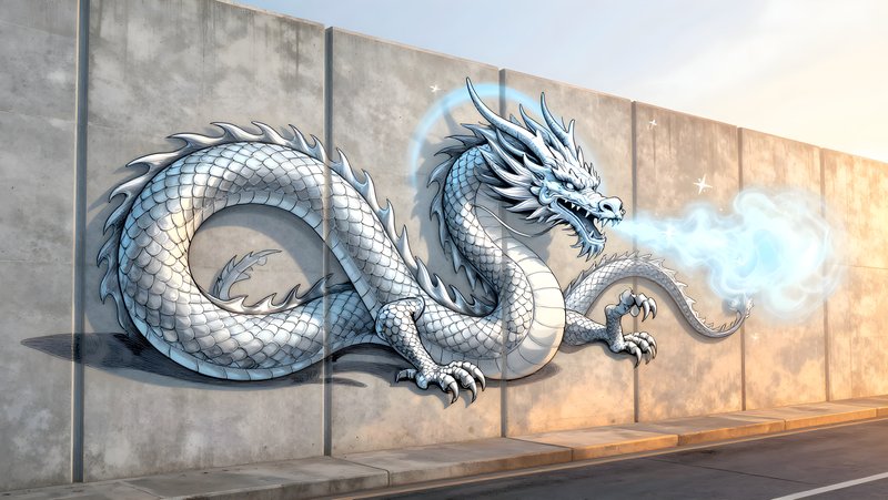 Street art shows a large dragon on a concrete wall Premium Stock Image - stock photo
