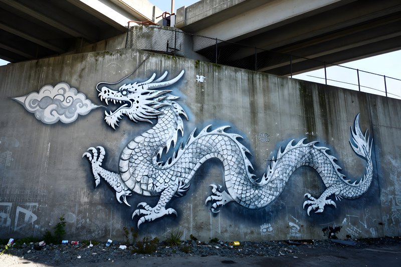 Urban dragon mural on concrete wall under highway bridge Premium Stock Image - stock photo