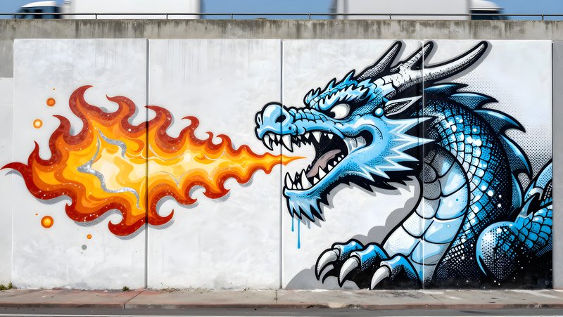 Colorful dragon mural with fire design on city wall Premium Stock Image - stock photo