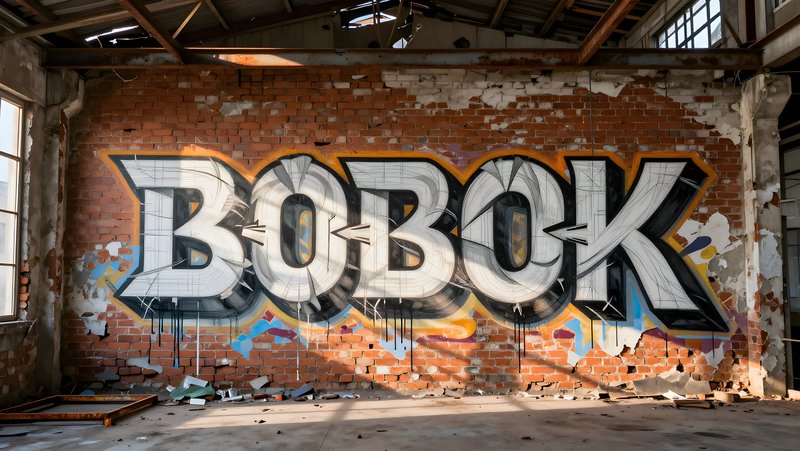 Modern graffiti art on a brick wall in an abandoned space Premium Stock Image - stock photo