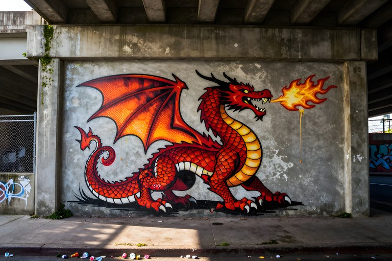 Vibrant dragon mural on urban wall with fiery breath Premium Stock Image - stock photo