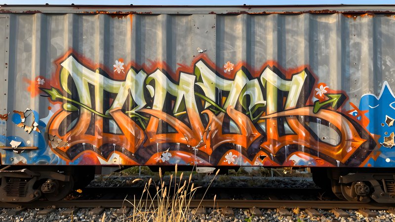 Graffiti art on a shipping container in an outdoor location Premium Stock Image - stock photo