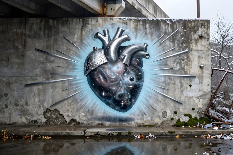Urban art shows a large heart mural on a concrete wall Premium Stock Image - stock photo