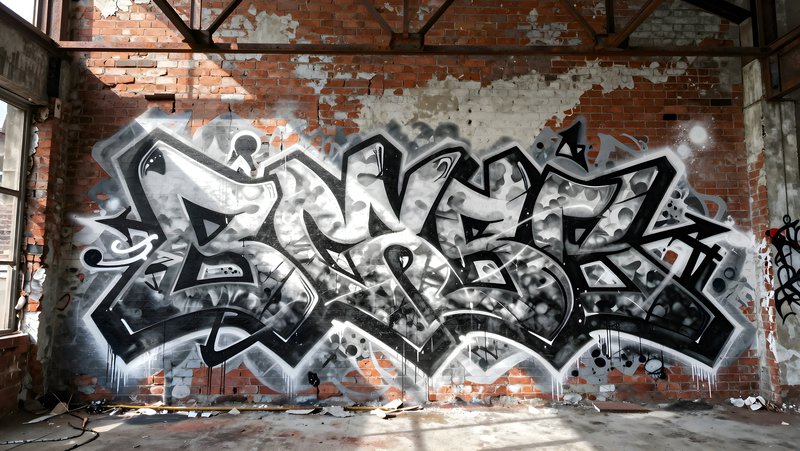Graffiti art on brick wall in an abandoned building Premium Stock Image - stock photo