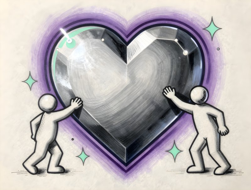 Two figures interact with a large heart shape in art Premium Stock Photo - stock photo