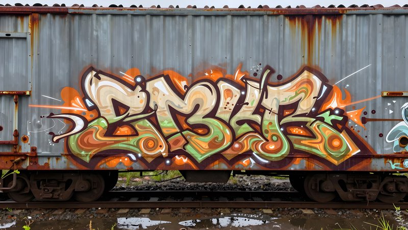 Graffiti art on train car at railway yard Premium Stock Image - stock photo