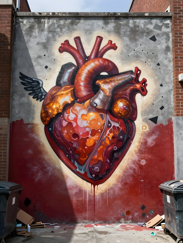 Mural of a heart with wings painted on a wall outside Premium Stock Image - stock photo