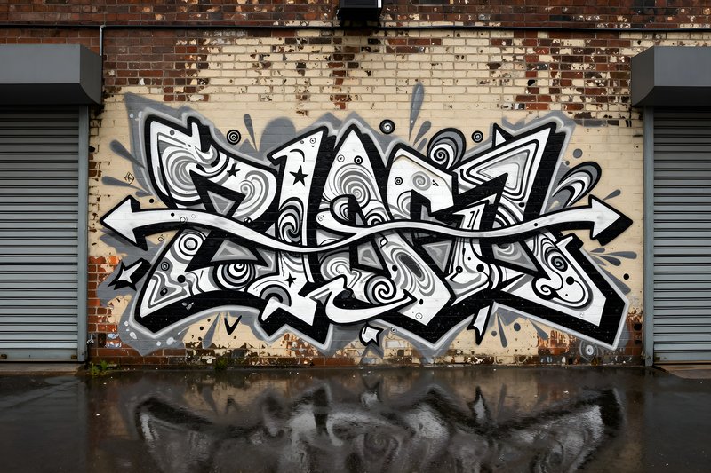 Street art on a wall with graffiti in black and white Premium Stock Image - stock photo