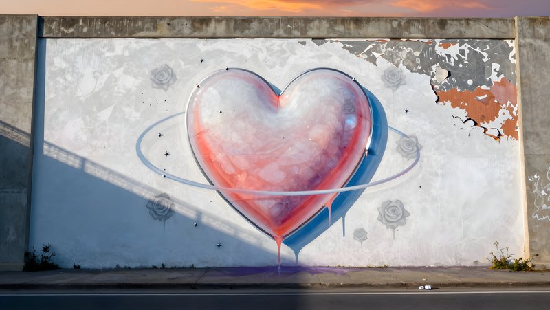 Bright heart mural on a city wall at sunset Premium Stock Photo - stock photo