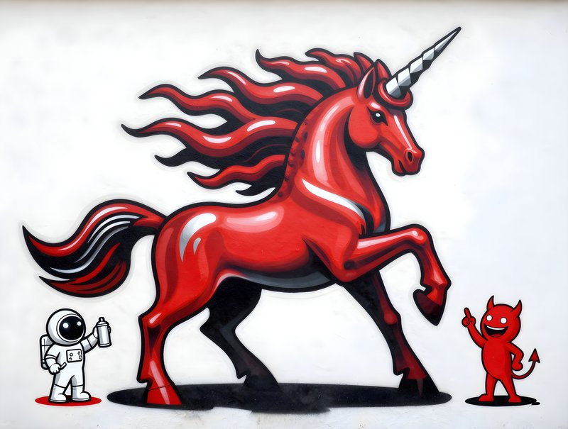 Red unicorn stands tall with astronaut and devil characters Premium Stock Photo - stock photo