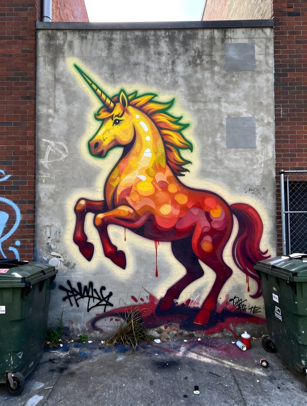 Unicorn mural on a wall near trash bins in an urban area Premium Stock Image - stock photo