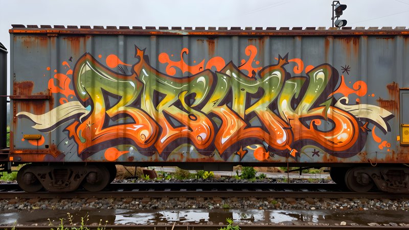 Colorful graffiti on a train cargo box in the city Premium Stock Photo - stock photo