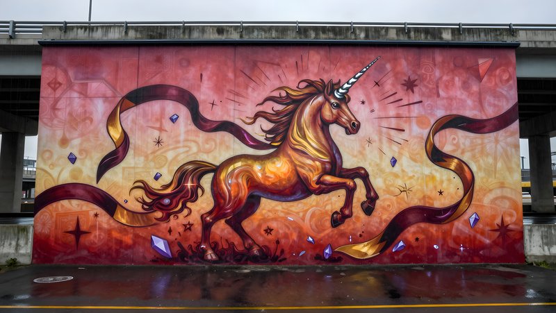 Colorful unicorn mural on a city wall under a bridge Premium Stock Photo - stock photo