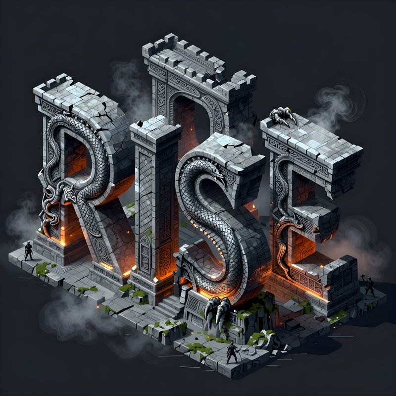 Rise tower made of stone with details and figures in dark space Premium Stock Image - stock photo