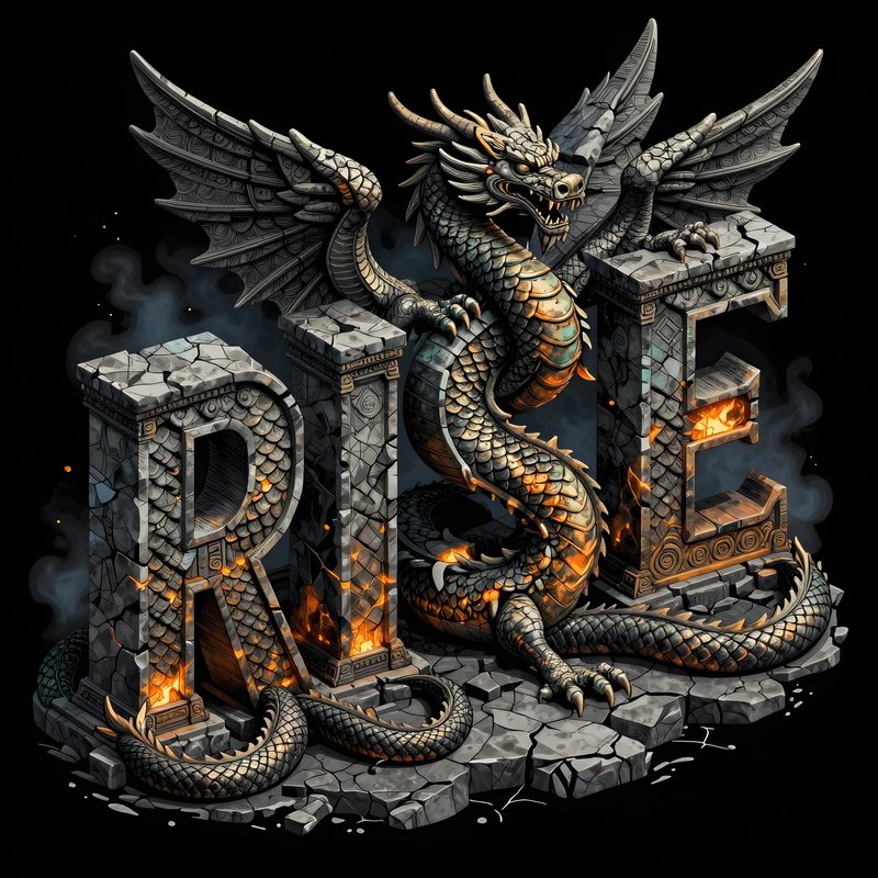 Rise of the dragon in a stone setting with flames Premium Stock Image - stock photo