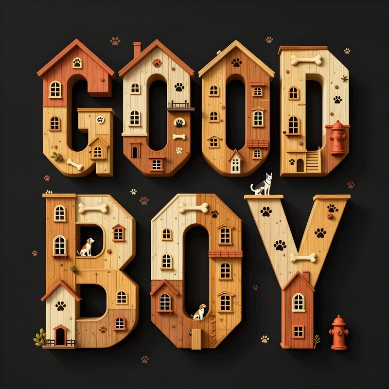 Wooden dog houses spell out good boy in playful design Premium Stock Image - stock photo