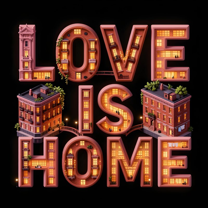 Text art depicts buildings lit warmly with 'love is home.' Premium Stock Image - stock photo