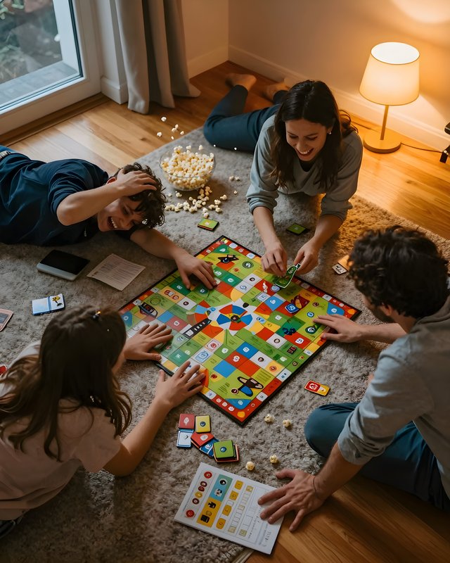 Friends gather for a board game night in a cozy room Premium Stock Photo - stock photo