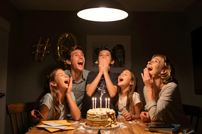 Family celebrates a birthday with cake and laughter at home Premium Stock Photo - stock photo