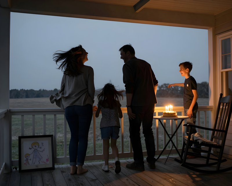 Family celebrates birthday on porch during evening time Premium Stock Photo - stock photo