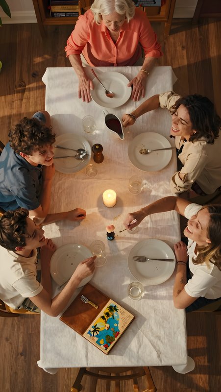 Family gathers around table to share food and laughter Premium Stock Photo - stock photo