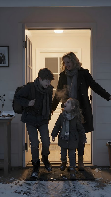 Kids play outside in winter with mother by the door Premium Stock Photo - stock photo