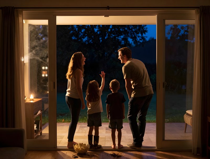 Family enjoys night view through glass door at home Premium Stock Image - stock photo