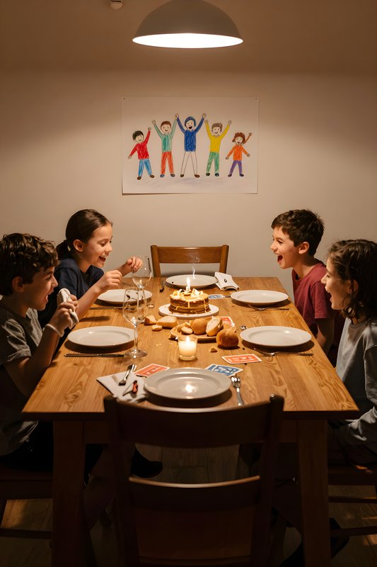 Kids celebrate a birthday with cake at a wooden table Premium Stock Photo - stock photo