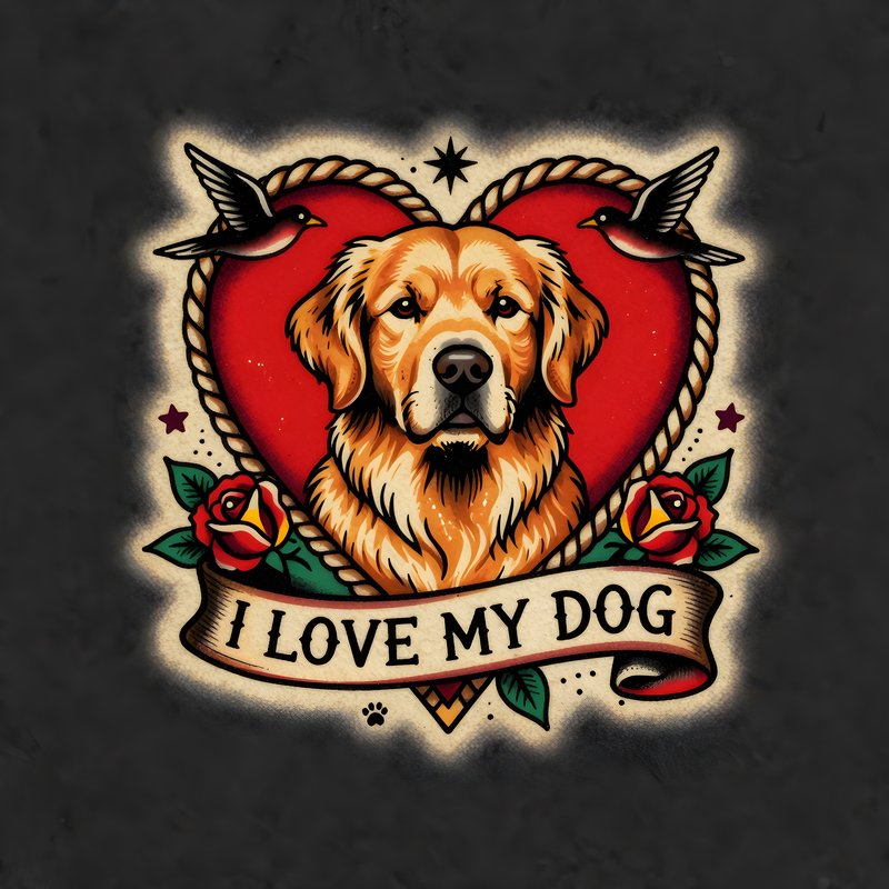 Golden retriever in heart design with text about dogs Premium Stock Photo - stock photo