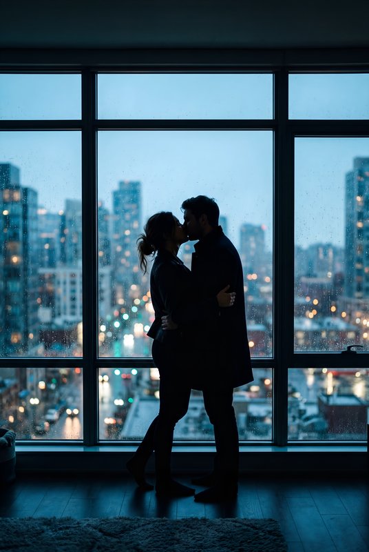 Couple sharing a moment in a city apartment at night Premium Stock Photo - stock photo