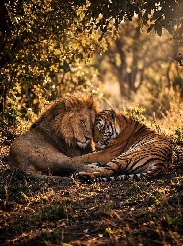Lion and tiger rest together in warm sunlight under trees Premium Stock Image - stock photo
