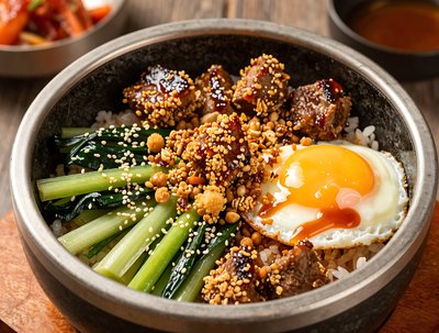 Goetta Bibimbap Stone Bowl with Fried Egg - stock photo