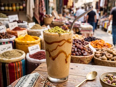 Pistachio Dessert Drink at Bustling Souk Market - stock photo