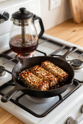 Goetta Searing in Cast Iron Skillet - stock photo